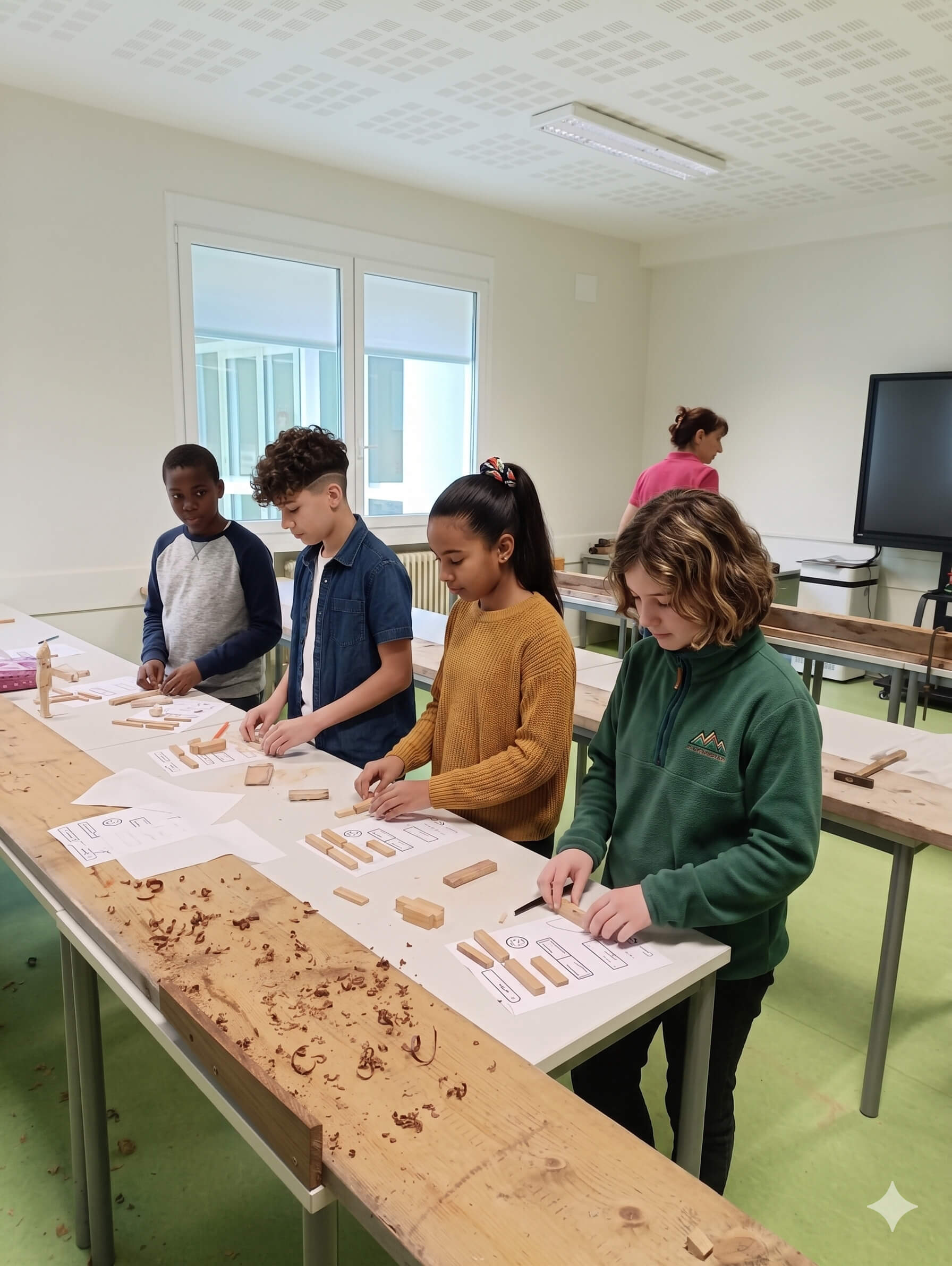 Studenti che lavorano in aula con sagome e listelli di legno durante un laboratorio progettuale di falegnameria.