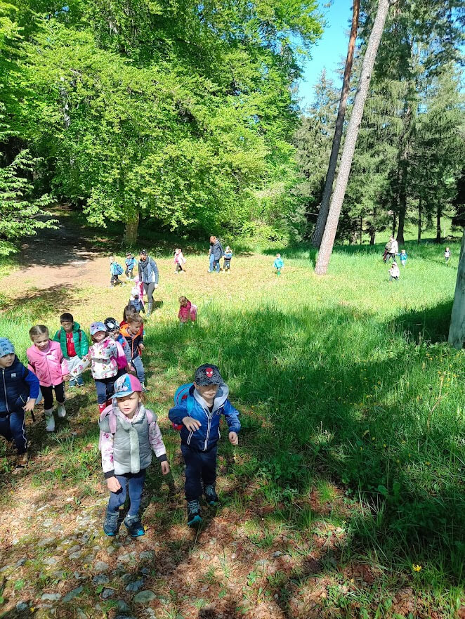 Escursione con numerosi bambini in uno spazio verde ampio durante una gita educativa all'aperto.