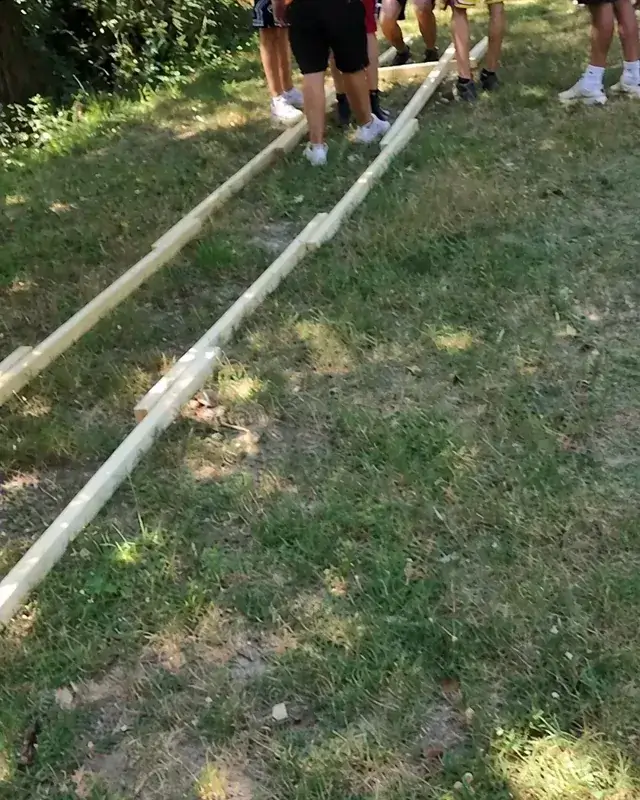 Un gruppo di ragazzi prova la struttura in legno del Ponte di Leonardo nel verde.