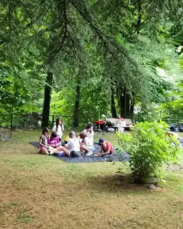 Un piccolo gruppo svolge un’attività sul prato, sotto gli alberi del parco.