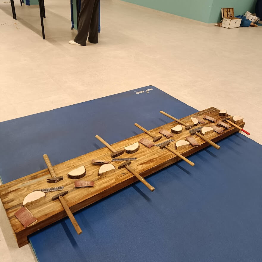Postazione di laboratorio con assi di legno, sezioni di tronco e utensili manuali predisposti per un'attivita' guidata.